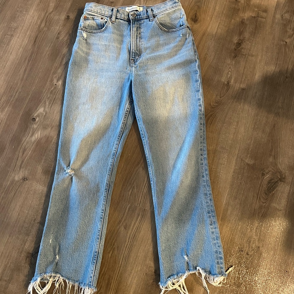Abercrombie & Fitch Blue Straight Leg Jeans with Distressed Hem